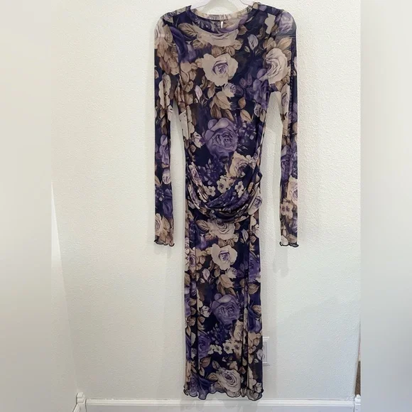 Free People Mesh Romantic Slit Maxi Dress Bodycon Whimsigoth Stretch Boho - Picture 2 of 10